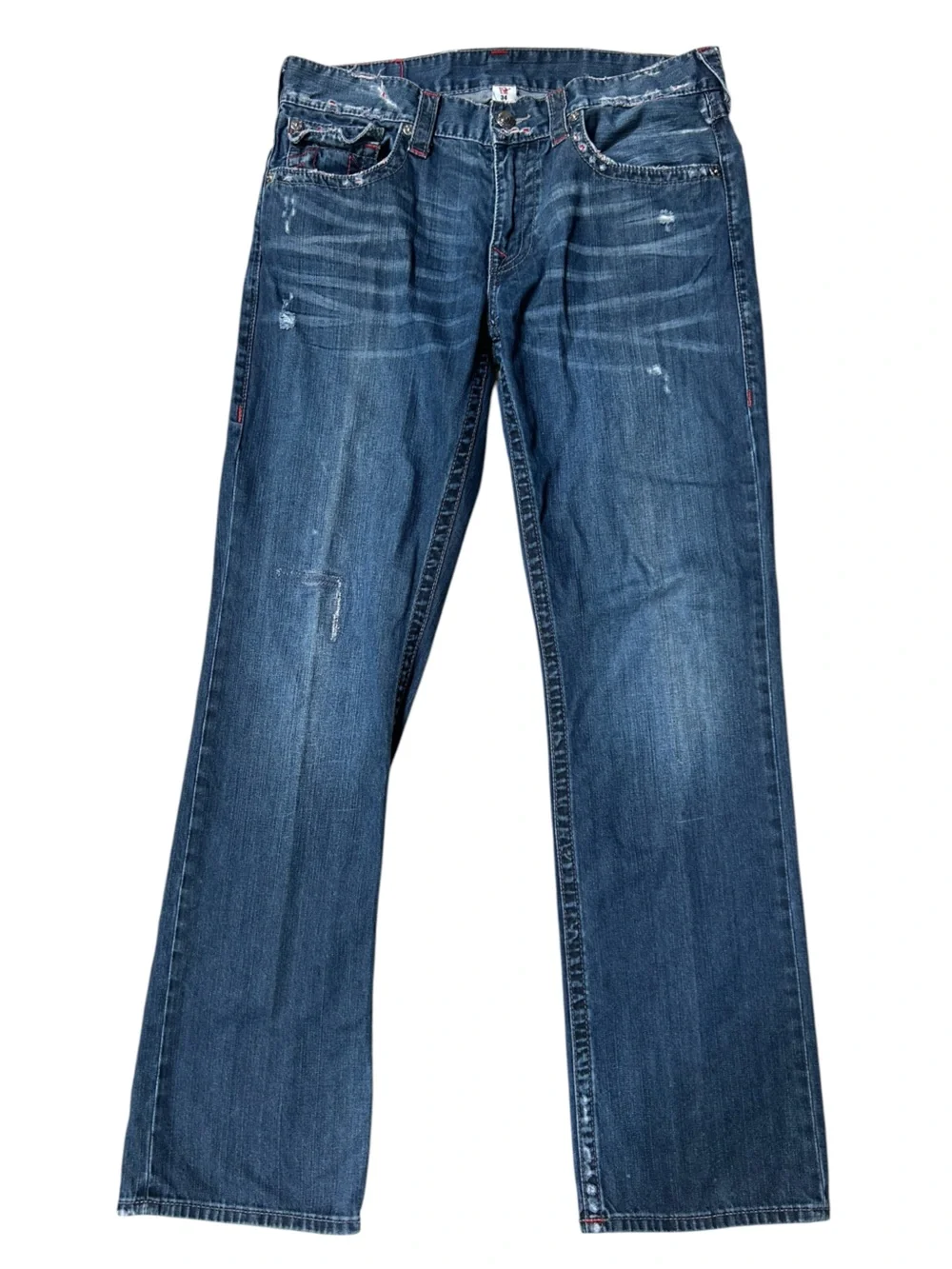 True Religion Men’s Straight Flap Jeans Red Stitch Dark Wash Size 34